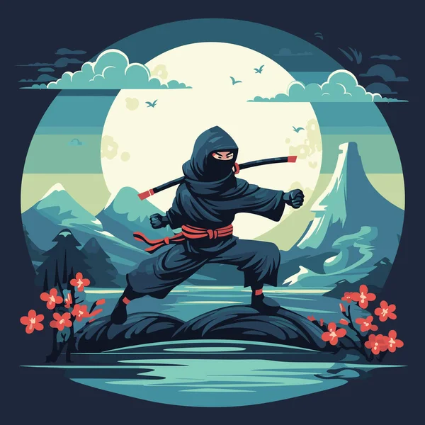 Man Ninja Suit Holding Sword Front Full Moon — Stock Vector