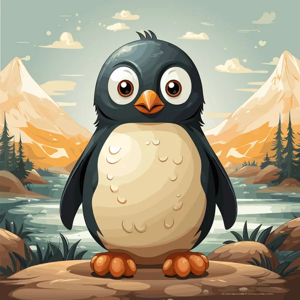 Cartoon Pinguïn Zitten Rots Voorkant Van Het Meer Bergen — Stockvector
