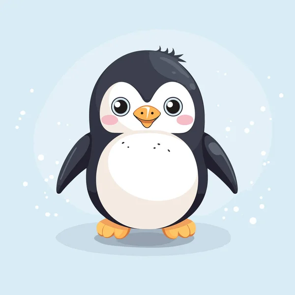 Πιγκουίνος Μεγάλα Μάτια Κάθεται Μπλε Φόντο Νιφάδες Χιονιού — Διανυσματικό Αρχείο