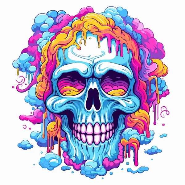Crâne Avec Des Cheveux Colorés Des Lunettes Sur Tête Entouré — Image vectorielle