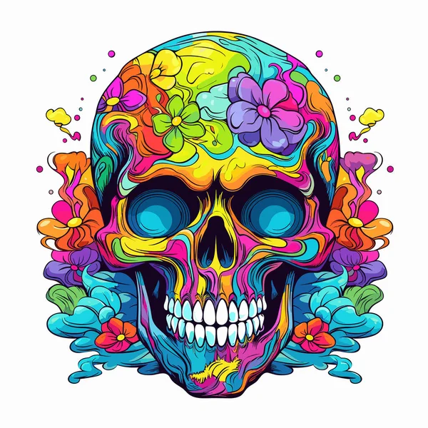 Bunter Totenkopf Mit Blumen Auf Dem Kopf Und Weißem Hintergrund — Stockvektor