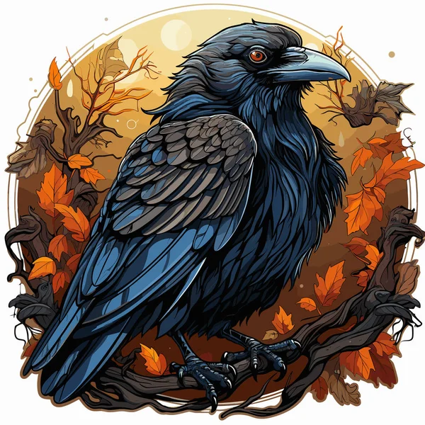 Czarny Ptak Siedzący Gałęzi Drzewa Przed Pełnią Księżyca — Wektor stockowy