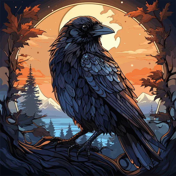 Black Bird Sitting Tree Branch Front Full Moon — Stock Vector
