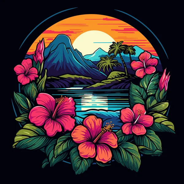Scène Tropicale Avec Des Fleurs Des Montagnes Arrière Plan Avec — Image vectorielle