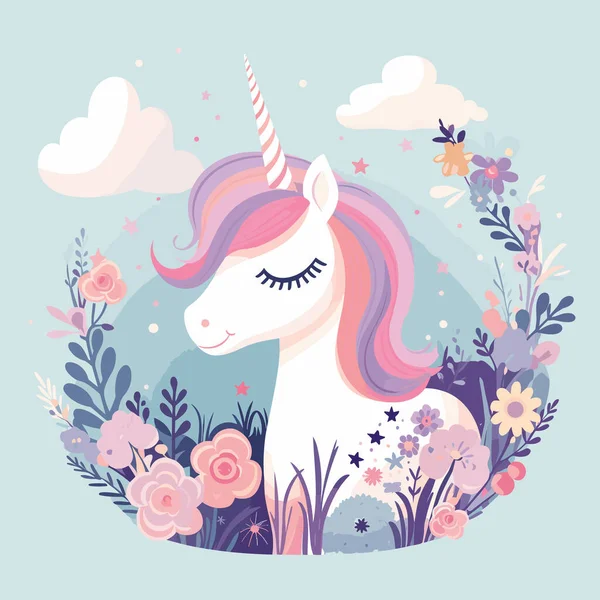 Unicornio Con Pelo Rosa Flores Alrededor Cuello Rodeado Nubes Flores — Archivo Imágenes Vectoriales