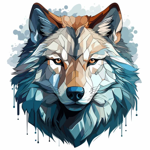 Tête Loup Avec Peinture Bleue Blanche Éclaboussée Dessus — Image vectorielle