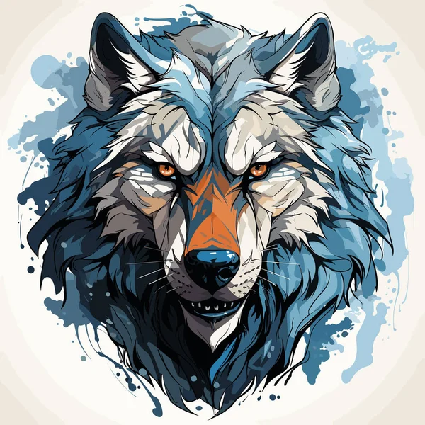 Tête Loup Avec Peinture Bleue Orange Éclaboussée Dessus — Image vectorielle