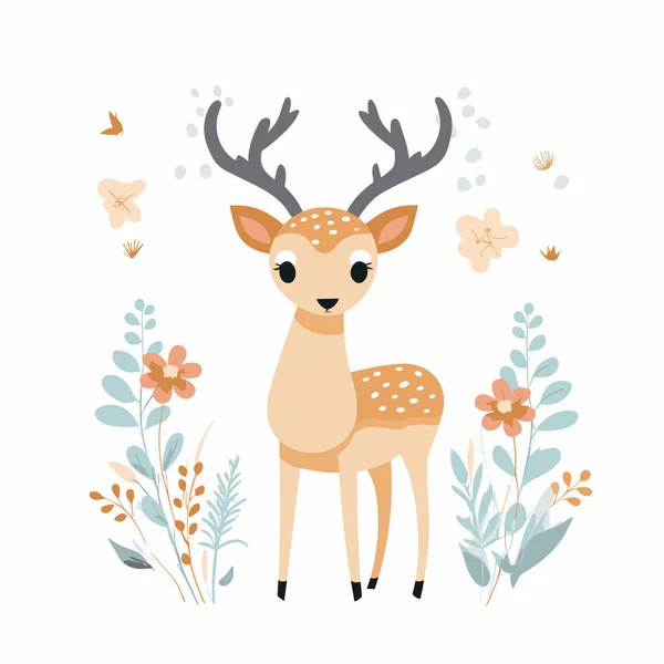Deer Antlers Standing Middle Field Flowers — Stock Vector