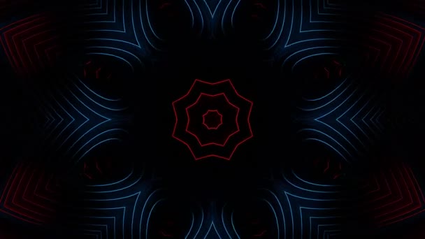 中央に赤と青のデザインの黒い背景 カレイドスコープVjループ — ストック動画