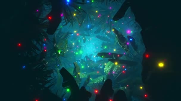 Létání Listím Tmavé Džungli Spoustou Barevných Světlušek Nekonečně Smyčková Animace — Stock video