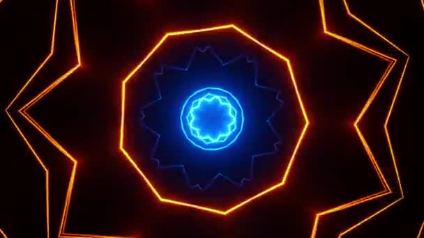Modello Circolare Luminoso Con Luci Blu Arancioni Caleidoscopio Loop — Video Stock