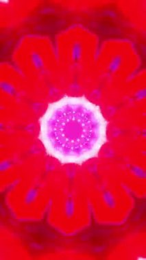 Mavi ve mor çiçekleri, mavi ve kırmızı taç yapraklarıyla çevrili. Kaleydoskop VJ döngü dikey. 3B görüntüleme