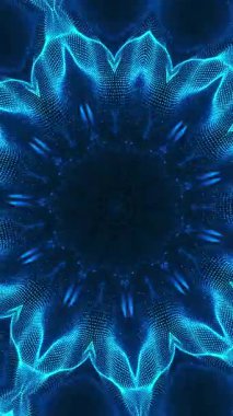 Siyah arka planı ve dairesel tasarımı olan mavi bir çiçek. Kaleydoskop VJ döngü dikey. 3B görüntüleme