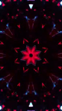 Siyah arkaplanlı mavi ve kırmızı soyut tasarım. Kaleydoskop VJ döngü dikey. 3B görüntüleme