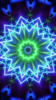 Karanlık odada siyah arka planı olan neon ışıkların dairesi. Kaleydoskop VJ döngü dikey. 3B görüntüleme