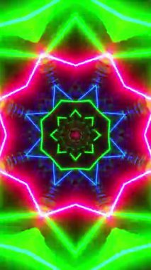 Neon renkleri ve siyah arkaplanı olan renkli animasyon tasarımı. Kaleydoskop VJ döngü dikey. 3B görüntüleme