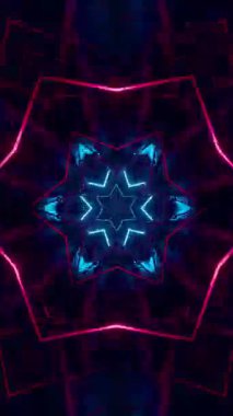 Kırmızı ve Mavi Neon Tüneli Kaleydoskop deseni. Döngülü Animasyon Dikey. 3B görüntüleme