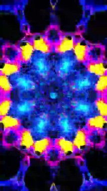 Siyah arkaplanlı renkli animasyon tasarımı. Kaleydoskop VJ döngü dikey. 3B görüntüleme