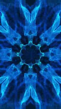 Siyah arka planı ve mavi arka planı olan mavi bir çiçek. Kaleydoskop VJ döngü dikey. 3B görüntüleme