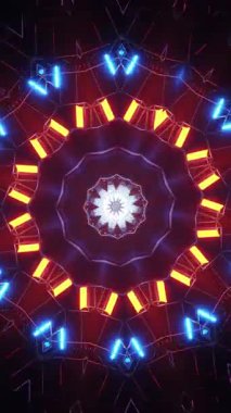Siyah arka planı ve kırmızı ve mavi ışıkları olan renkli dairesel bir nesne. Kaleydoskop VJ döngü dikey. 3B görüntüleme