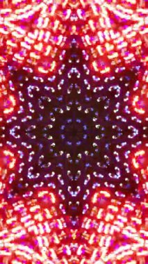 Üzerinde birçok ışık bulunan çok renkli ve karmaşık bir tasarım. Kaleydoskop VJ döngü dikey. 3B görüntüleme