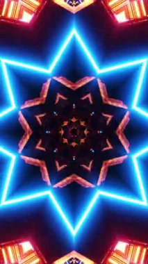 Mavi arka planda yıldız animasyonu. Kaleydoskop VJ döngü dikey. 3B görüntüleme