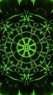 Dairesel tasarımı olan yeşil ve siyah soyut bir arkaplan. Kaleydoskop VJ döngü dikey. 3B görüntüleme
