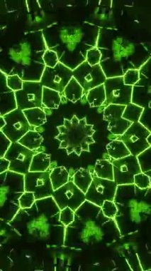 Dairesel tasarımı olan yeşil ve siyah soyut bir arkaplan. Kaleydoskop VJ döngü dikey. 3B görüntüleme