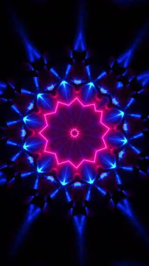 Neon renkli yıldız şeklinde bir nesne. Kaleydoskop VJ döngü dikey. 3B görüntüleme