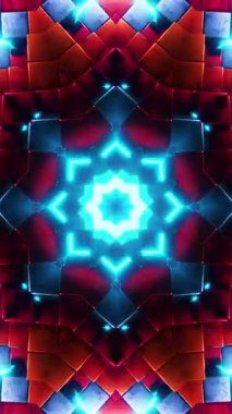 Etrafında mavi ışıklar olan kırmızı ve mavi dairesel bir nesne. Kaleydoskop VJ döngü dikey. 3B görüntüleme