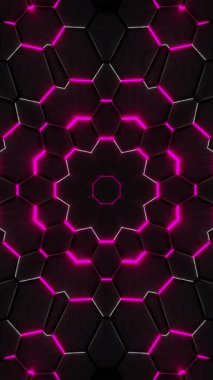 Ortasında dairesel tasarım olan siyah ve pembe bir arkaplan. Kaleydoskop VJ döngü dikey. 3B görüntüleme