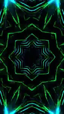 Siyah arka planda mavi yıldız deseni ve mavi merkez. Kaleydoskop VJ döngü dikey. 3B görüntüleme