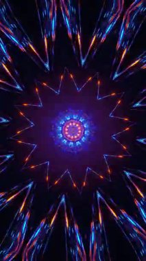 Siyah arkaplanlı mavi ve mor bir yıldız patladı. Kaleydoskop VJ döngü dikey. 3B görüntüleme