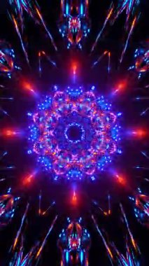 Yanlarında bir sürü ışık olan renkli dairesel tasarım. Kaleydoskop VJ döngü dikey. 3B görüntüleme