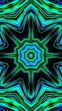 Merkezinde yıldız olan çok renkli ve soyut bir tasarım. Kaleydoskop VJ döngü dikey. 3B görüntüleme