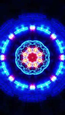 Ortasında neon ışıkları olan dairesel desen. Kaleydoskop VJ döngü dikey. 3B görüntüleme
