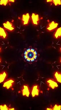 Siyah arkaplan ve mavi merkezli renkli soyut tasarım. Kaleydoskop VJ döngü dikey. 3B görüntüleme