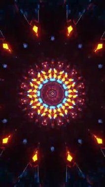 Karanlıkta renkli animasyon tasarımı gösteriliyor. Kaleydoskop VJ döngü dikey. 3B görüntüleme