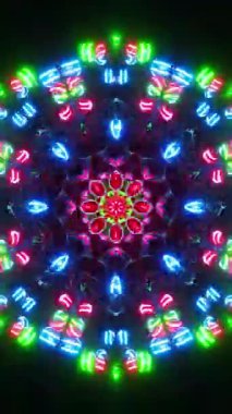 Siyah arkaplanda renkli dairesel ışık deseni. Kaleydoskop VJ döngü dikey. 3B görüntüleme