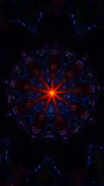 Parlak ışıklı mavi ve kırmızı dairesel desen. Kaleydoskop VJ döngü dikey. 3B görüntüleme