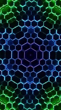 Kaleydoskop renkleriyle altıgen desen. Döngülü Animasyon Dikey. 3B görüntüleme