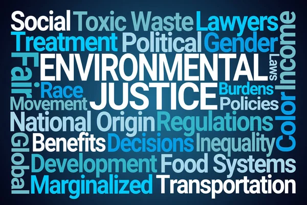 Justiça Ambiental Word Cloud Fundo Azul — Fotografia de Stock