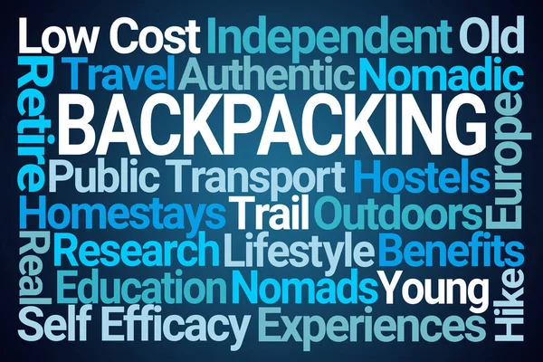 Backpacking Word Cloud Modrém Pozadí — Stock fotografie
