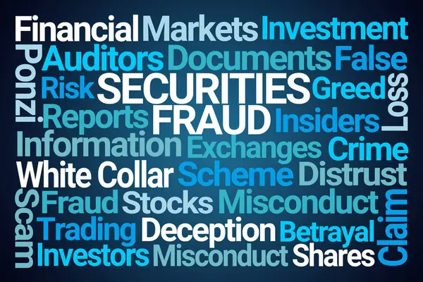 Wortwolke Über Wertpapierbetrug Auf Blauem Hintergrund Stockfoto