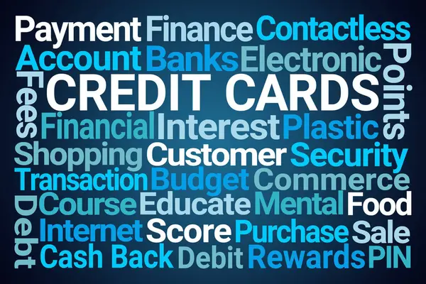 ブルーバックグラウンドのクレジットカードワードクラウド ストック画像