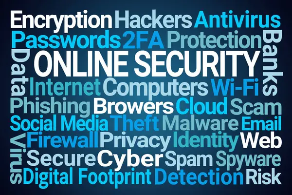 Online Security Word Cloud Blue Background Stock Image