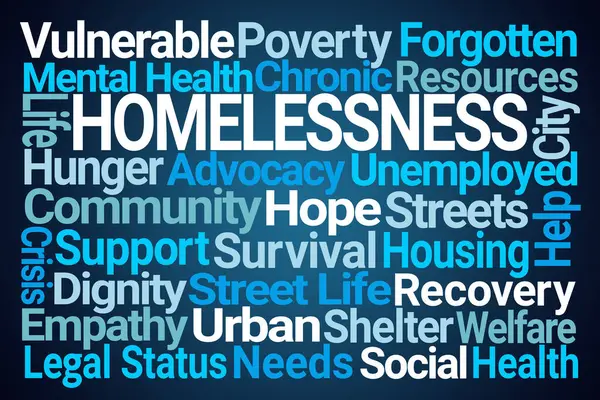 Homelessness Word Cloud Blue Background Stock Picture