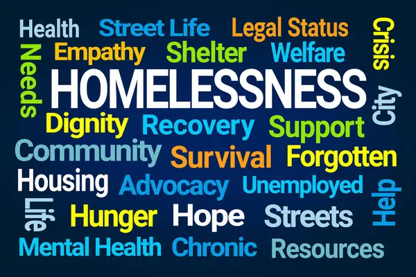 Homelessness Word Cloud Blue Background Stock Photo