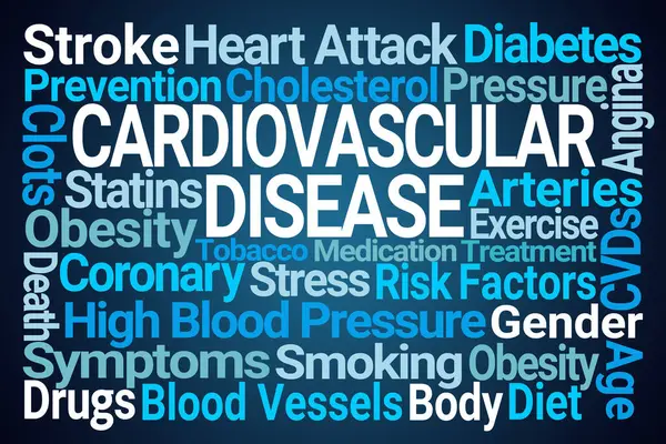 心血管疾患 ブルーバックグラウンドのワードクラウド ロイヤリティフリーのストック写真