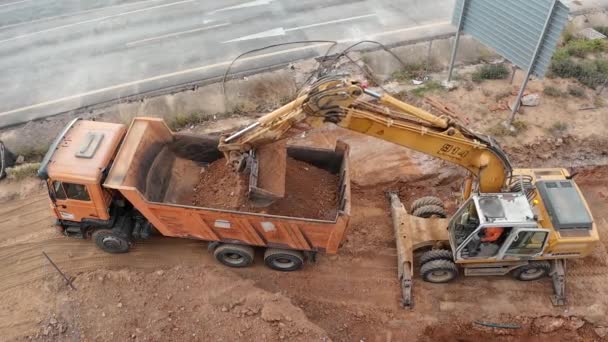 April 2024 Valencia Spain Excavator Filling Dump Truck Dirt Construction Stock Footage